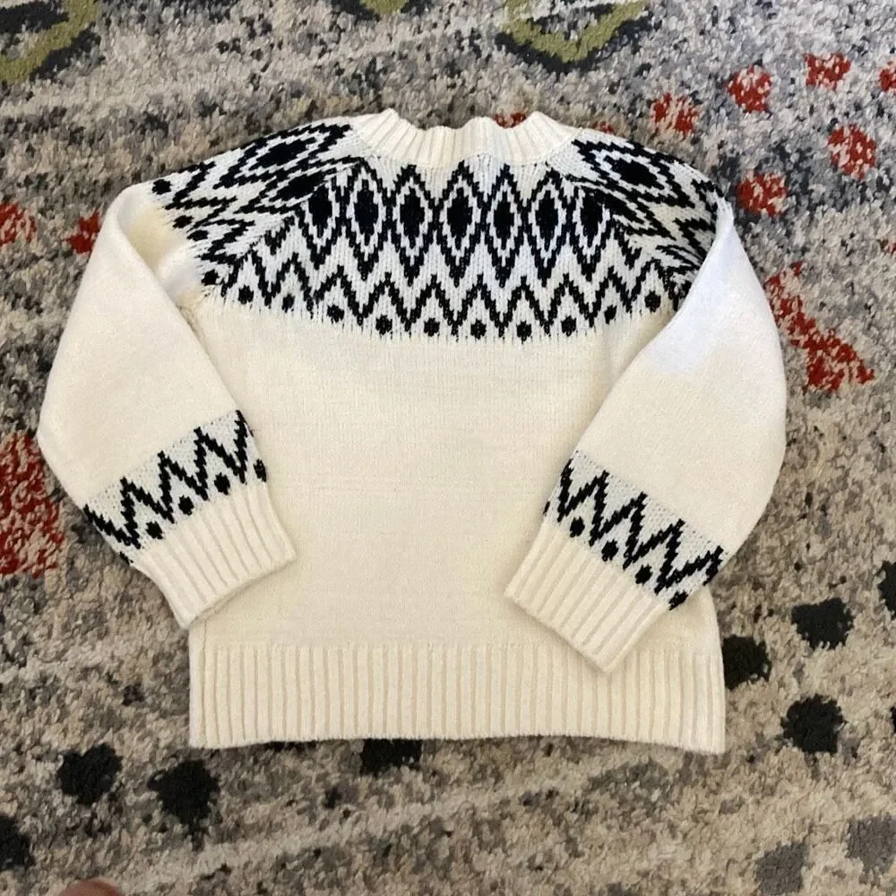 Cat & Jack Girls Fair Isle Sweater XS 4/5 Cream Black Pullover Cozy Knit